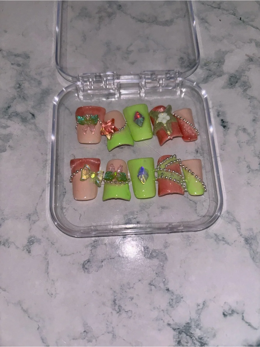 Handmade Neon Green & Peach Crystal Accent Press-On Nails